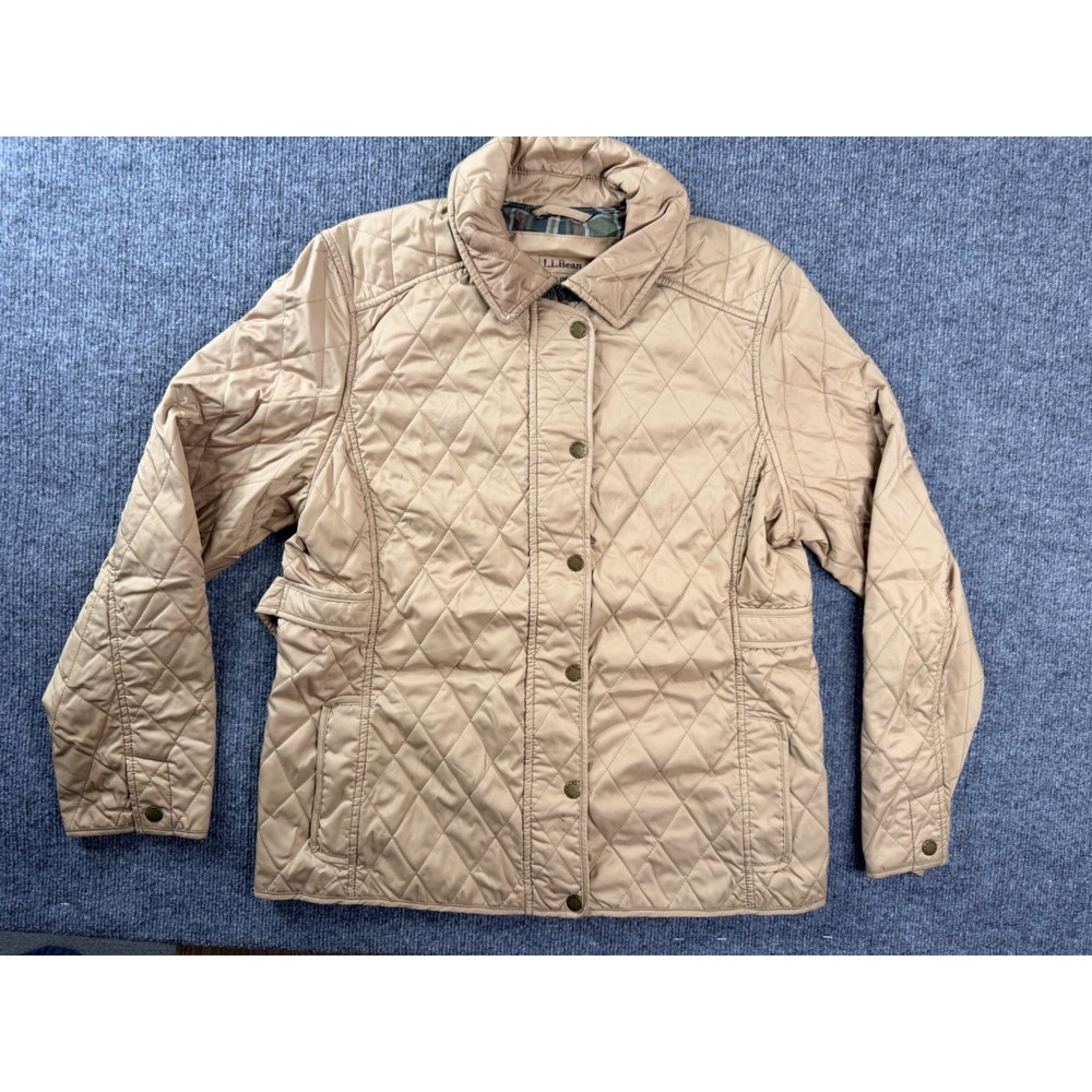 LL Bean Vintage Quilted Jacket Womens M Pet Tan Beige Plaid Lined Insulated Coat